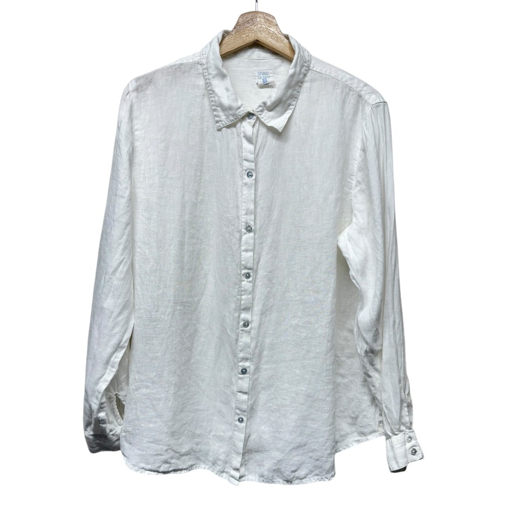 Sigrid Olsen Women 100% Linen Button Up Top Sz XL Roll Tab Sleeve Beach Coastal
